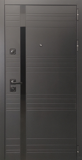 Металлическая современная дверь с черными панелями МДФ и вертикальной полосой