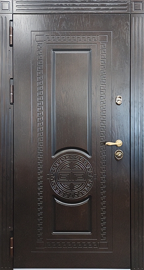 Входная термодверь с темно-коричневыми панелями МДФ с фрезеровкой